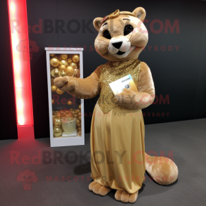 Gold Jaguarundi mascot costume character dressed with a Evening Gown and Coin purses