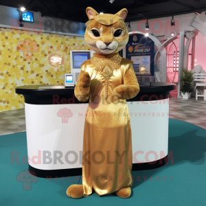 Gold Jaguarundi mascot costume character dressed with a Evening Gown and Coin purses