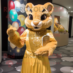 Gold Jaguarundi mascot costume character dressed with a Evening Gown and Coin purses