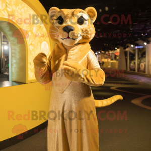 Gold Jaguarundi mascot costume character dressed with a Evening Gown and Coin purses