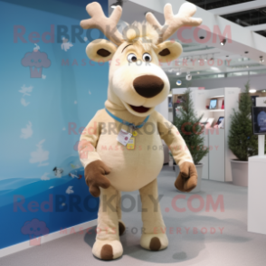 Beige Reindeer mascot costume character dressed with a Jeans and Hair clips