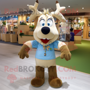 Beige Reindeer mascot costume character dressed with a Jeans and Hair clips
