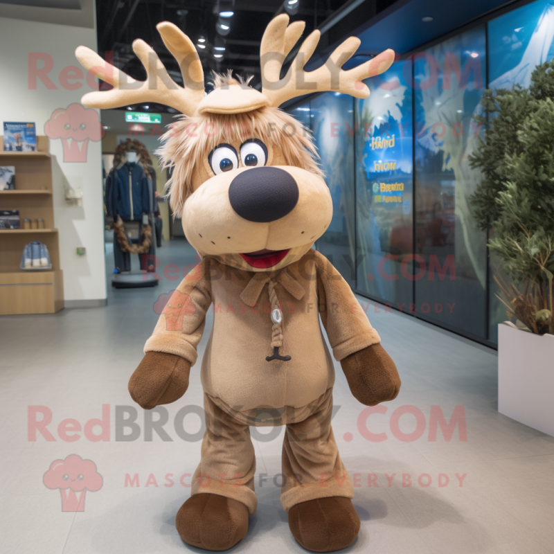 Beige Reindeer mascot costume character dressed with a Jeans and Hair clips