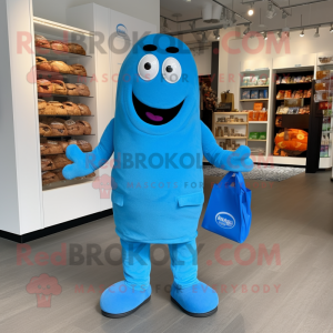 Blue Chocolate Bar mascot costume character dressed with a Jumpsuit and Tote bags