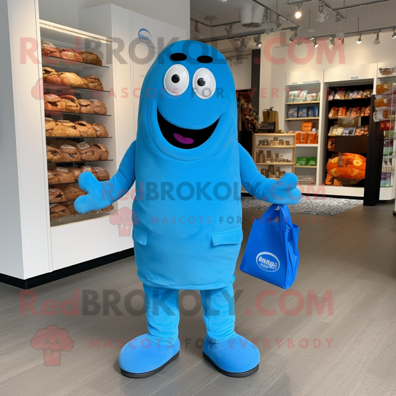 Blue Chocolate Bar mascot costume character dressed with a Jumpsuit and Tote bags Blue Chocolate Bar mascot costume character dressed with a Jumpsuit and Tote bags