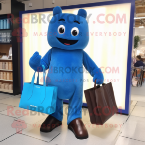 Blue Chocolate Bar mascot costume character dressed with a Jumpsuit and Tote bags