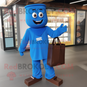 Blue Chocolate Bar mascot costume character dressed with a Jumpsuit and Tote bags