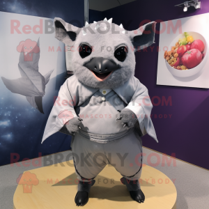 Silver Fruit Bat mascot costume character dressed with a T-Shirt and Cummerbunds