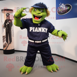 Navy Frankenstein'S Monster mascot costume character dressed with a Polo Shirt and Belts