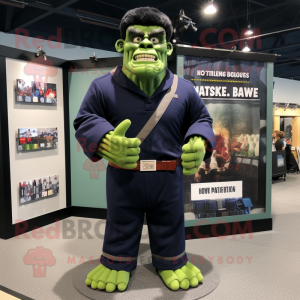 Navy Frankenstein'S Monster mascot costume character dressed with a Polo Shirt and Belts