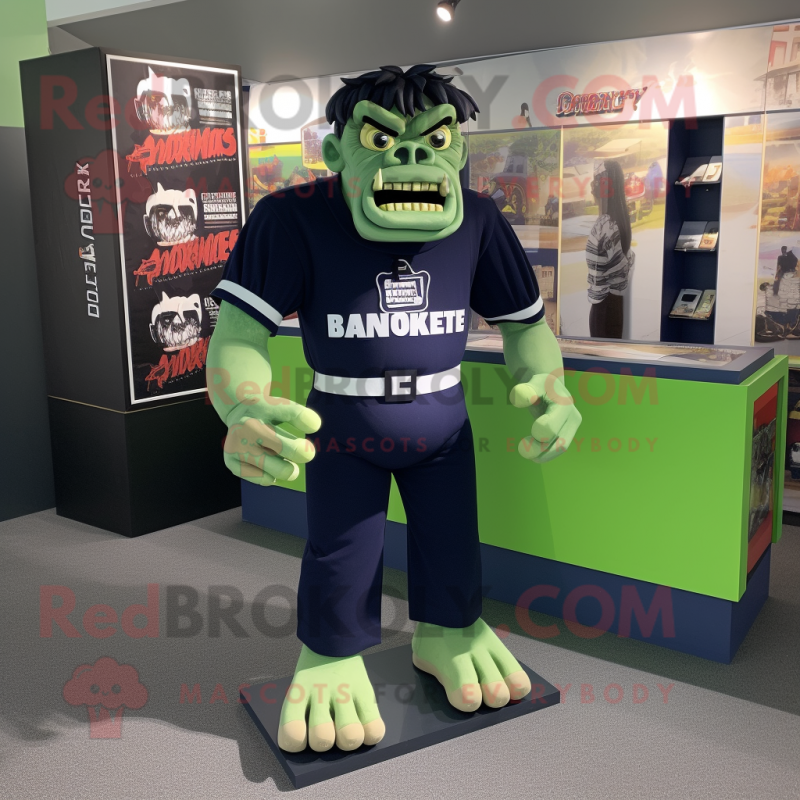 Navy Frankenstein'S Monster mascot costume character dressed with a Polo Shirt and Belts