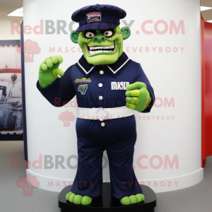 Navy Frankenstein'S Monster mascot costume character dressed with a Polo Shirt and Belts