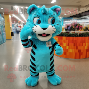 Turquoise Tiger mascot costume character dressed with a Midi Dress and Headbands
