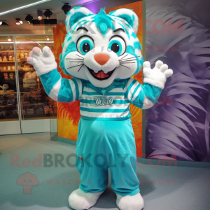 Turquoise Tiger mascot costume character dressed with a Midi Dress and Headbands