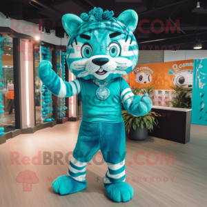 Turquoise Tiger mascot costume character dressed with a Midi Dress and Headbands