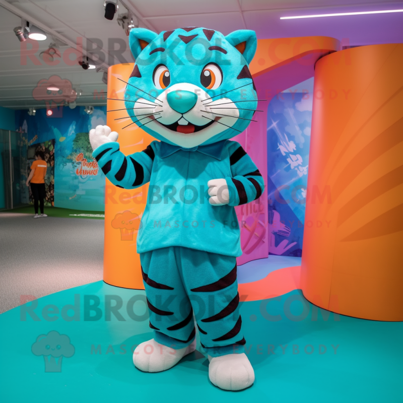 Turquoise Tiger mascot costume character dressed with a Midi Dress and Headbands