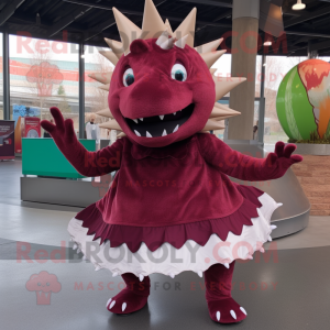 Maroon Stegosaurus mascot costume character dressed with a Circle Skirt and Beanies