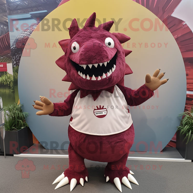 Maroon Stegosaurus mascot costume character dressed with a Circle Skirt and Beanies Maroon Stegosaurus mascot costume character dressed with a Circle Skirt and Beanies
