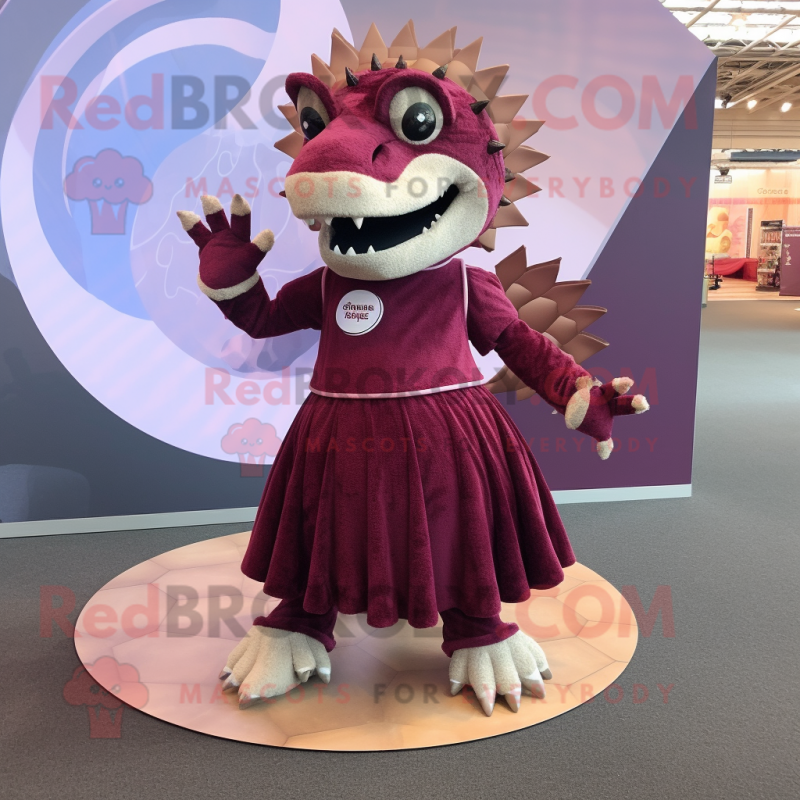 Maroon Stegosaurus mascot costume character dressed with a Circle Skirt and Beanies Maroon Stegosaurus mascot costume character dressed with a Circle Skirt and Beanies