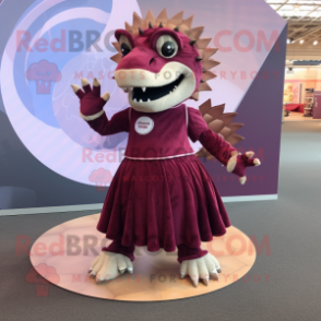 Maroon Stegosaurus mascot costume character dressed with a Circle Skirt and Beanies