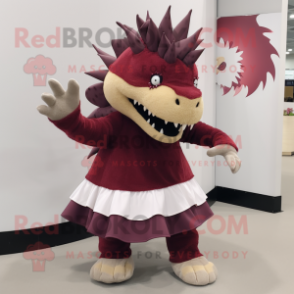 Maroon Stegosaurus mascot costume character dressed with a Circle Skirt and Beanies