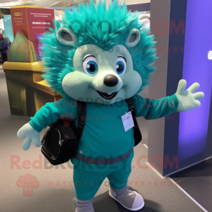 Turquoise Hedgehog mascot costume character dressed with a Turtleneck and Backpacks