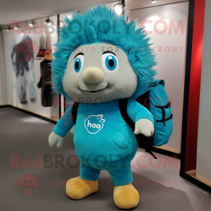 Turquoise Hedgehog mascot costume character dressed with a Turtleneck and Backpacks