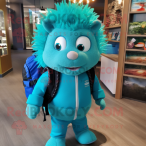 Turquoise Hedgehog mascot costume character dressed with a Turtleneck and Backpacks