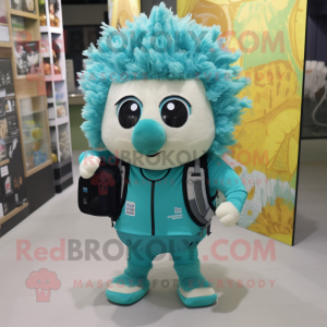 Turquoise Hedgehog mascot costume character dressed with a Turtleneck and Backpacks