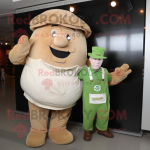 Tan Corned Beef And Cabbage mascot costume character dressed with a Overalls and Hats