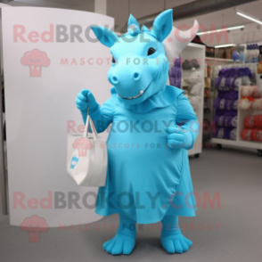 Cyan Rhinoceros mascot costume character dressed with a Dress and Tote bags