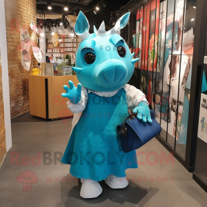 Cyan Rhinoceros mascot costume character dressed with a Dress and Tote bags