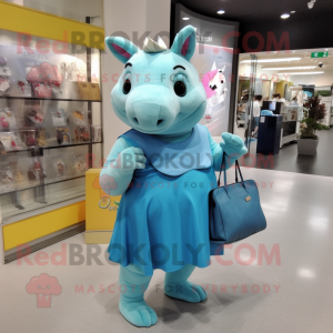 Cyan Rhinoceros mascot costume character dressed with a Dress and Tote bags