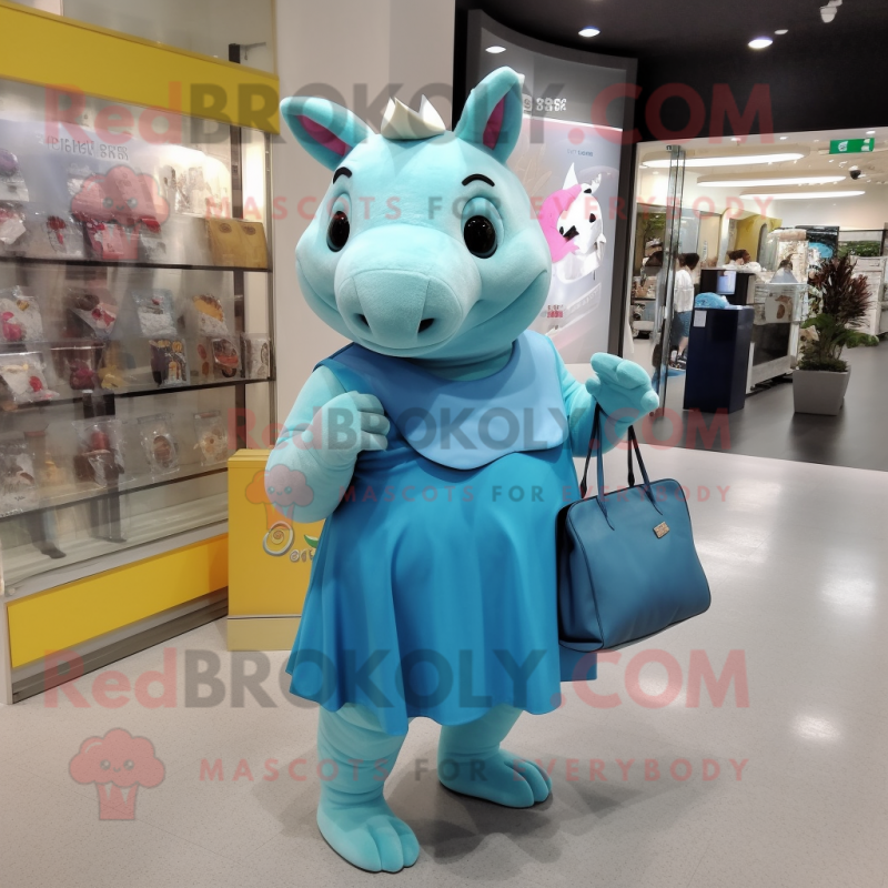 Cyan Rhinoceros mascot costume character dressed with a Dress and Tote bags Cyan Rhinoceros mascot costume character dressed with a Dress and Tote bags