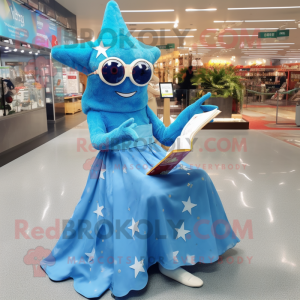 Sky Blue Starfish mascot costume character dressed with a Ball Gown and Reading glasses