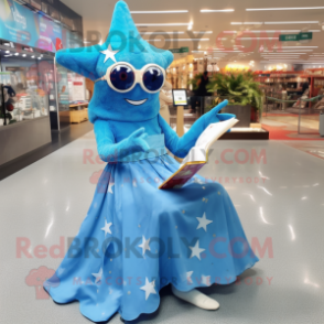 Sky Blue Starfish mascot costume character dressed with a Ball Gown and Reading glasses
