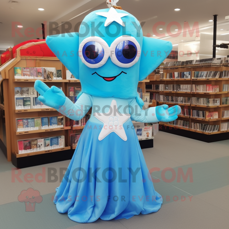 Sky Blue Starfish mascot costume character dressed with a Ball Gown and Reading glasses