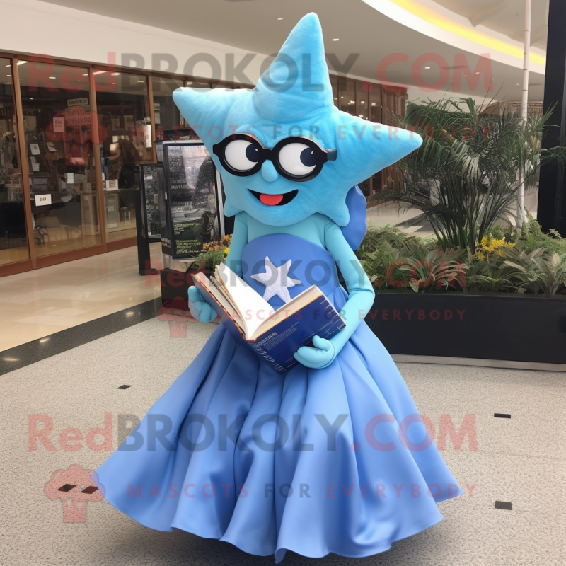 Sky Blue Starfish mascot costume character dressed with a Ball Gown and Reading glasses