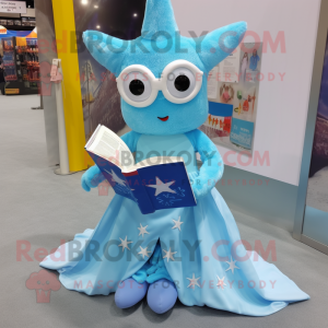 Sky Blue Starfish mascot costume character dressed with a Ball Gown and Reading glasses