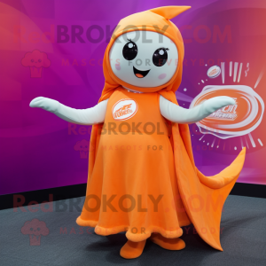 Orange Narwhal mascot costume character dressed with a Wrap Skirt and Rings