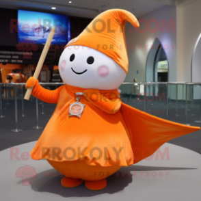 Orange Narwhal mascot costume character dressed with a Wrap Skirt and Rings