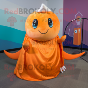 Orange Narwhal mascot costume character dressed with a Wrap Skirt and Rings