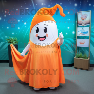 Orange Narwhal mascot costume character dressed with a Wrap Skirt and Rings