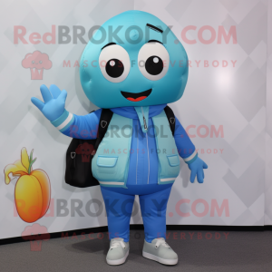 Sky Blue Melon mascot costume character dressed with a Bomber Jacket and Scarf clips