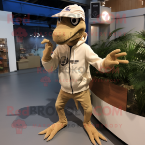 Beige Coelophysis mascot costume character dressed with a Hoodie and Brooches