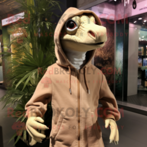 Beige Coelophysis mascot costume character dressed with a Hoodie and Brooches