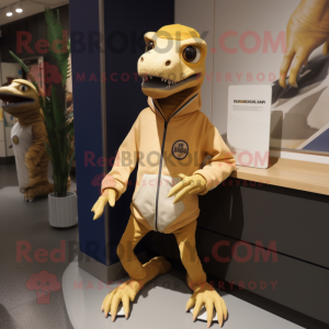 Beige Coelophysis mascot costume character dressed with a Hoodie and Brooches