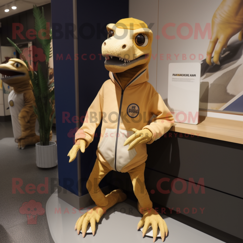 Beige Coelophysis mascot costume character dressed with a Hoodie and Brooches Beige Coelophysis mascot costume character dressed with a Hoodie and Brooches