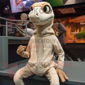 Beige Coelophysis mascot costume character dressed with a Hoodie and Brooches