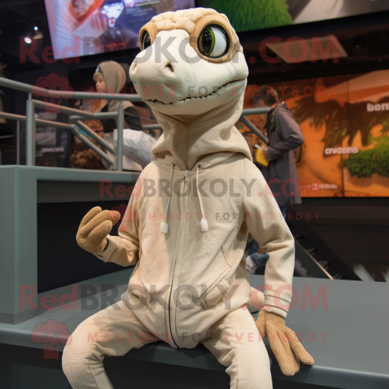 Beige Coelophysis mascot costume character dressed with a Hoodie and Brooches Beige Coelophysis mascot costume character dressed with a Hoodie and Brooches